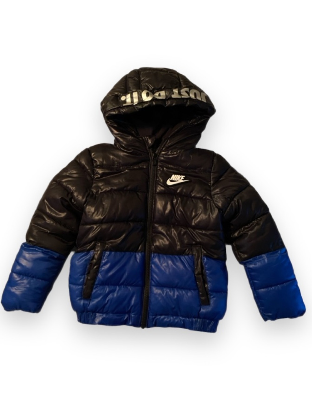 Nike Kids Black and Blue Hooded Puffer Jacket
